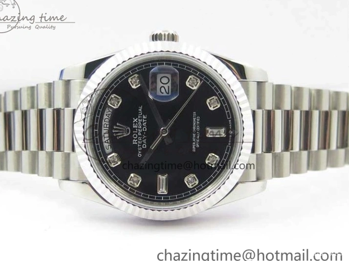 0415 TopPick Day-Date 36 SS 128239 Bp Maker Best Edition Black Dial Crystral Markers on President Bracelet 3149